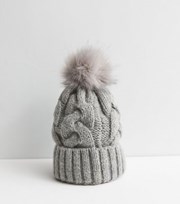New Look Pale Grey Cable Knit Faux Fur Pom Pom Bobble Hat